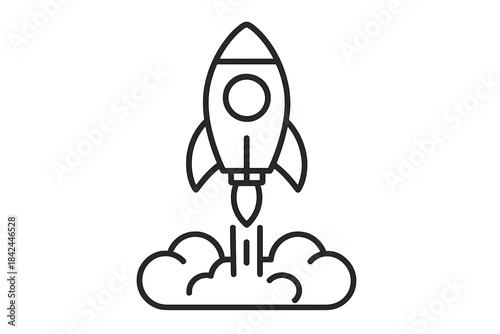 Simple rocket ship launching into space with fire and smoke clouds below