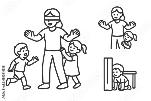 Happy children playing hide and seek and blindfolded games with adult caregiver