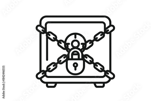Secure digital data storage concept with safe box locked by heavy chains and padlock protecting user profile icon