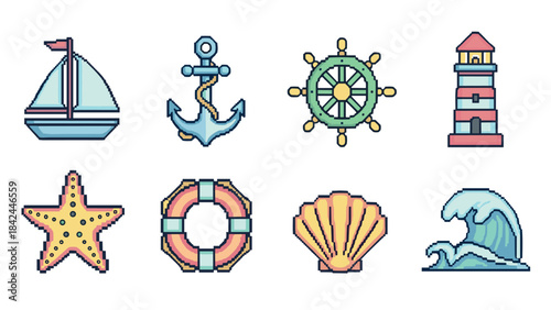 Pixel art nautical icons: sailboat, anchor, wheel, lighthouse, shell, wave