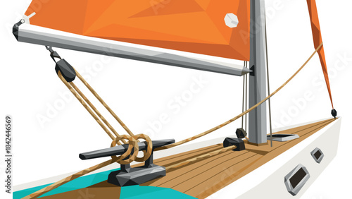 Colorful low poly sailboat with orange sail and detailed rigging