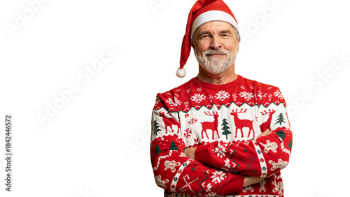 Merry satisfied smiling mature man wear knitted christmas sweater Santa hat posing on isolated transparent background. Happy New Year 2026 celebration holiday concept
