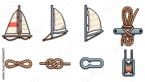 Pixel art nautical elements: sails, knots, and accessories collection