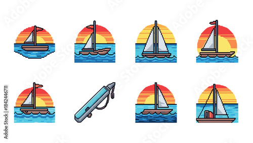 Pixel art sailboat collection with sunset background