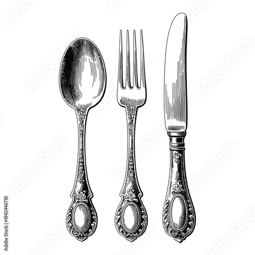 Vintage silver cutlery set a spoon fork and knife arrangement