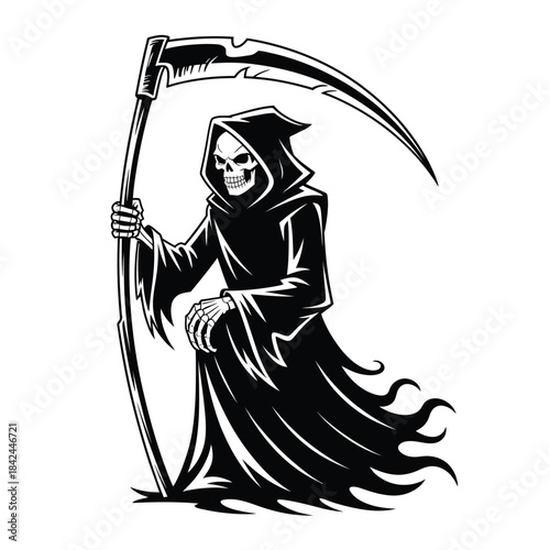 Grim reaper illustration a cloaked skeleton wielding a large scythe