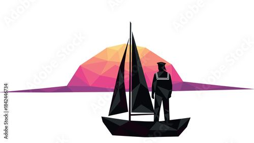Geometric sailboat and sailor against colorful polygonal sunset