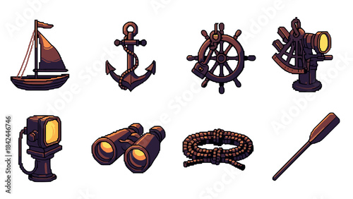 Nautical icons: sailing boat, anchor, helm, and more in pixel art style
