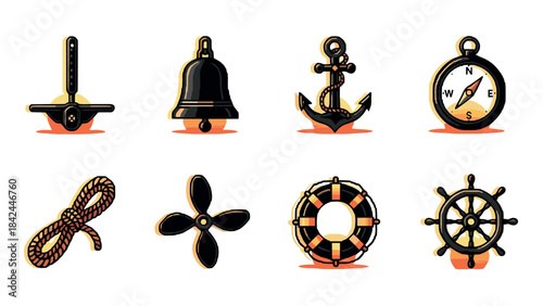 Nautical icons collection with vintage pixel art design perfect for marine-themed projects