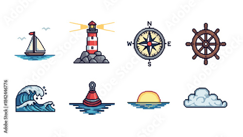 Pixel art nautical icons with lighthouse, sailboat, and compass