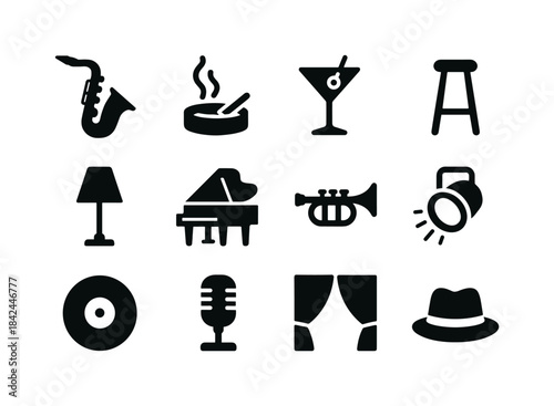 Smoky Bar Icons. Smoky bar scene. Solid icon set of smoky bar sc