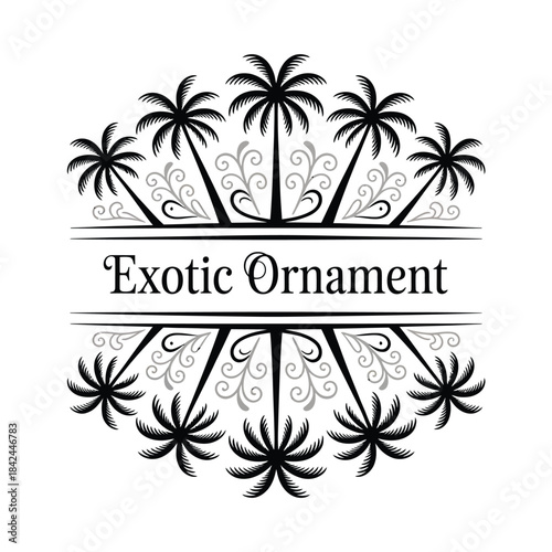 Decorative palm trees and swirling design create an exotic ornamental frame