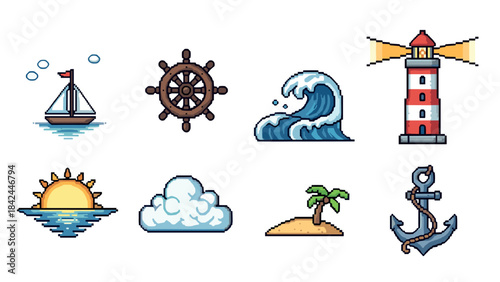 Pixel art marine icons featuring lighthouse, sailing boat, and nautical elements