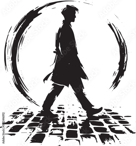 Monochrome illustration: a lone figure traversing a cobblestone