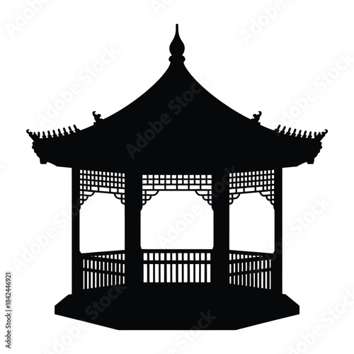 Elegant black silhouette of a traditional asian style garden gazebo