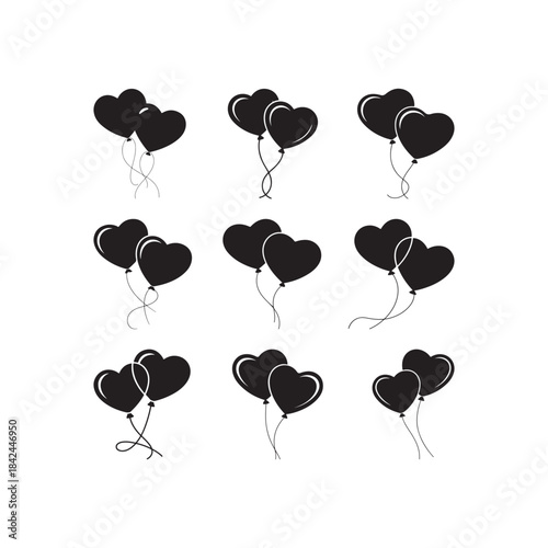 Black Color Heart Balloon Lovers Scene Modern Vector, Solid White Background.