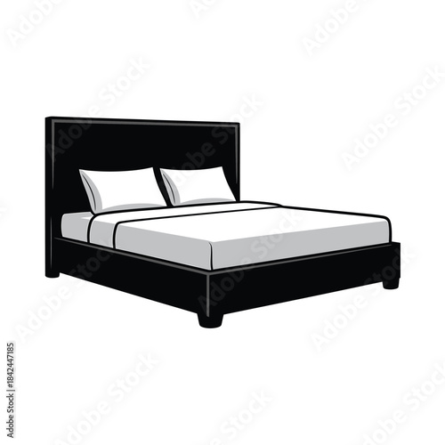A simple illustration of a modern black bed with white pillows