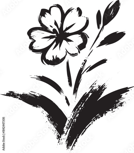 Elegant Saponaria flower rendered in minimalist Sumi-e style bla