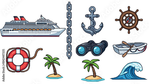 Pixel art nautical icons: cruise ship, anchor, lifebuoy, palm trees, and more