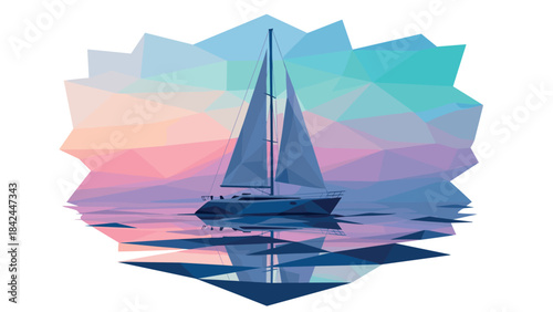 Geometric sailboat on tranquil ocean at sunset in low poly art style
