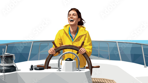 Joyful woman steering a yacht in polygonal style on a sunny day
