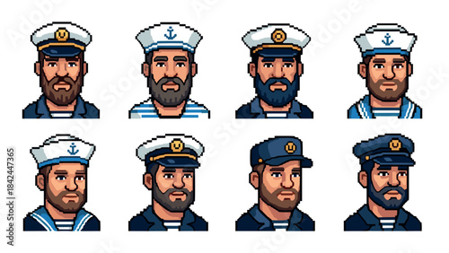 Pixel art sailors in uniform: diverse male expressions and hats collection