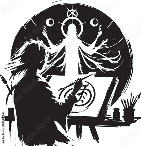 Silhouette artist creating monochrome artwork of celestial entit