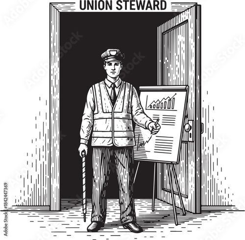 Union Steward at Doorway with Growth Chart Engraving, Woodcut Il