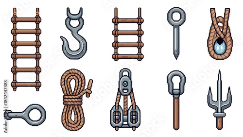 Pixel art maritime tools collection: hooks, ladders, and ropes