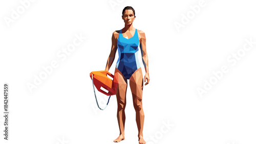 Geometric polygonal art of female lifeguard holding buoy in blue swimsuit