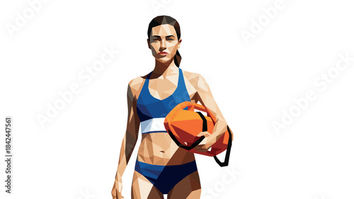 Polygonal female athlete with medicine ball in abstract geometric art style