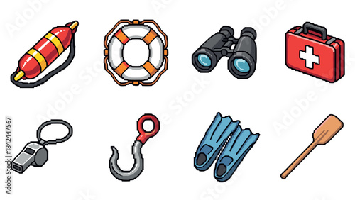 Pixel art lifesaving tools collection featuring whistle and flippers