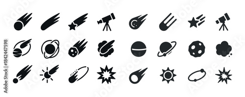 Collection of space icons: comets, planets, telescopes, stars, a