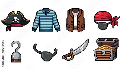 Pixel art pirate collection: hats, clothing, weapons, and treasures