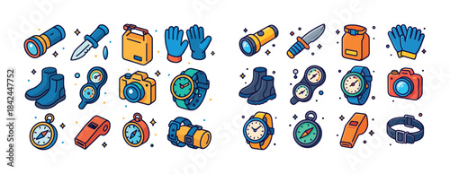 Colorful camping and hiking gear illustration with various acces