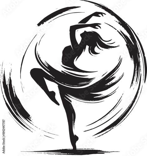 Elegant Ink Dance: Fluid Silhouette of a Dancer in Motion, Brush