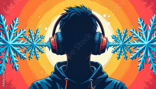 Silhouette of person wearing red headphones, blue snowflakes extending from ears, vivid orange and yellow radiating background. Image represents contrasting experiences of music immersion,