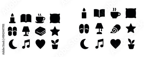 Cozy comfort icons: candles, books, tea, and more in simple blac