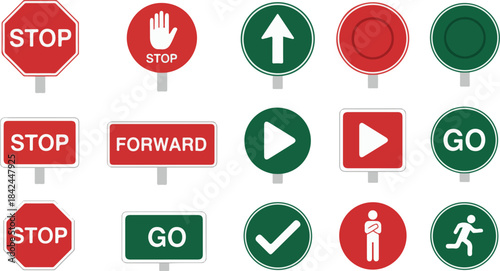 Collection of traffic and directional signs with stop and go symbols Keywords: stop sign, go sign, forward sign, play button, check mark, hand