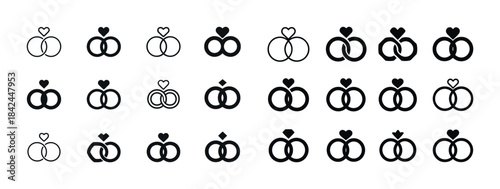 Simple and elegant wedding ring icon set with heart designs