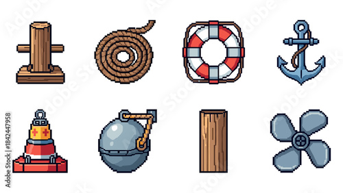Pixel art nautical icon set: life buoy, anchor, helm and more