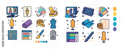 Colorful fashion design tools and icons collection