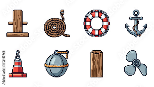Nautical icons set: pixel art of buoy, anchor, lifebuoy, rope, and marine elements
