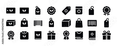 Set of black product label, tag, and packaging icons with eco-fr