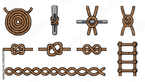 Pixel art nautical ropes and knots collection for marine design
