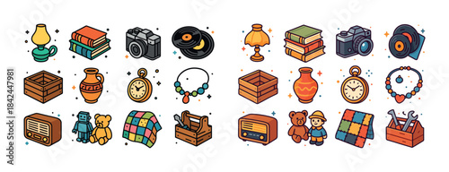 Vintage and modern collectibles including cameras, toys, records