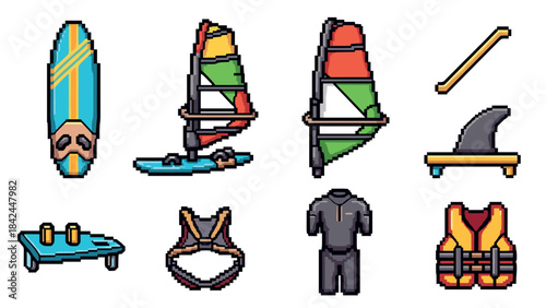 Colorful nautical and surf gear in pixel art style for summer adventure