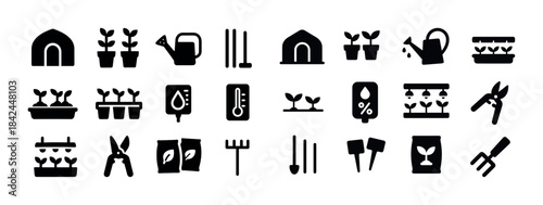 Gardening icon set: tools and plants illustrations for horticult