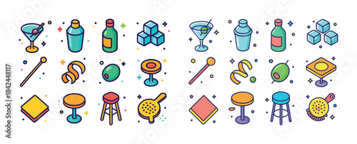 Colorful bar icons collection: cocktails, bottles, ice cubes, fr