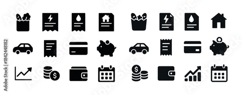 Financial and household icon set: bills, wallets, cars, savings,